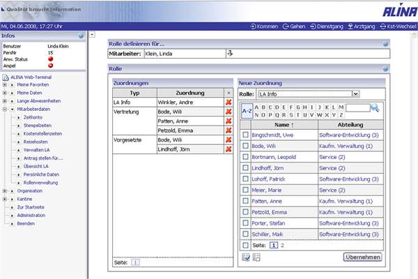 ALINA® Web-Terminal, Rollenverwaltung